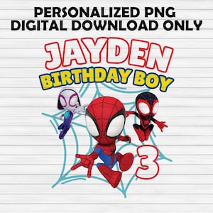 Może przedstawiać: Cyfrowy projekt do pobrania z imieniem "JAYDEN" w kolorze czerwonym oraz "BIRTHDAY BOY" w kolorze ż&oacute;łtym i niebieskim. Projekt zawiera ilustracje postaci Spider-Mana i liczbę "3". Tekst "PERSONALIZED PNG DIGITAL DOWNLOAD ONLY" znajduje się na g&oacute;rze.