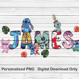May include: A personalized PNG digital download featuring the name "JAMES" in colorful, stylized letters. Each letter is decorated with characters from the animated film, "Lilo & Stitch", along with tropical flowers and leaves. The background is a white wood grain.