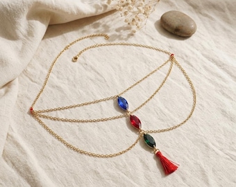 Tanga multicolor con piedras preciosas, tanga de encaje de cristal arcoíris, lencería de joyería corporal con cadena ajustable. Regalo ideal.
