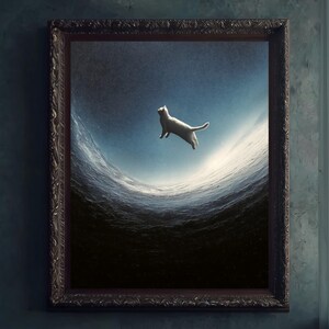Puede incluir: Una obra de arte enmarcada representa un gato blanco en el aire contra un fondo de un océano arremolinado y un cielo azul. El gato es el punto focal, dentro de un marco oscuro y ornamentado, creando una composición surrealista y artística.