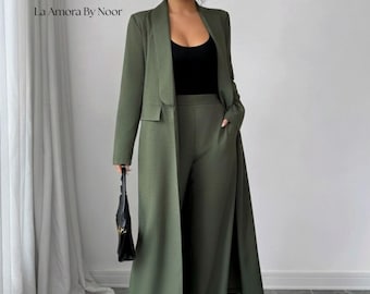 Olive Green Long Coat Suit • Two Piece Women's Blazer & Pants Set