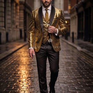 Blazer de lentejuelas doradas para hombre: Chaqueta de esmoquin de lujo para fiestas, atuendo de novio para bodas, traje de graduación.