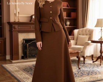 Women's Midi Skirt Suit: Long Sleeve Jacket, Modest Office Wear