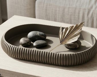 Designer decorative bowl with grooves | Modern storage tray for keys, snacks & jewelry | Oval organizer tray with inlay, compartments as desired