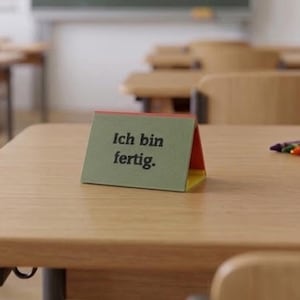 Könnte beinhalten: Ein dreieckiges Tischschild aus grünem Karton mit dem schwarz aufgedruckten Text Ich bin fertig. Das Schild hat rote und gelbe Innenflächen und steht auf einer Holzoberfläche neben mehreren bunten Wachsmalstiften.