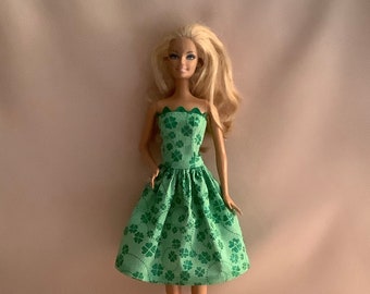 Glittery Leaf Print Strapless Dress-Doll Clothes