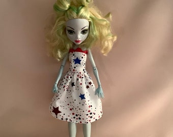 Handmade Monster Doll Dress: White Cotton Star Print, Red Rick Rack