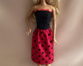 Handmade Fashion Doll Clothes- Black and Red Cotton Dress for 11.5” Fashion Dolls