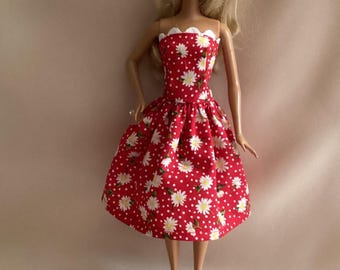 Handmade Doll Dress: Red Floral Print, Fits 11.5" Fashion Doll
