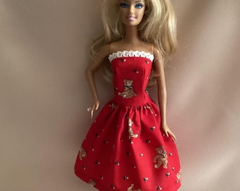 Handmade Fashion Doll Clothes-Red Cotton Christmas Print Dress with Teddy Bears and Holly for 11.5” Fashion Dolls, Christmas Doll Dress