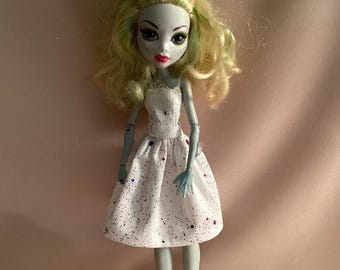 Handmade Monster Doll Dress: White Cotton with Sparkles