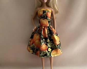 Handmade Fashion Doll Clothes: Fall Glitter Pumpkins Doll Dress for 11.5” Dolls