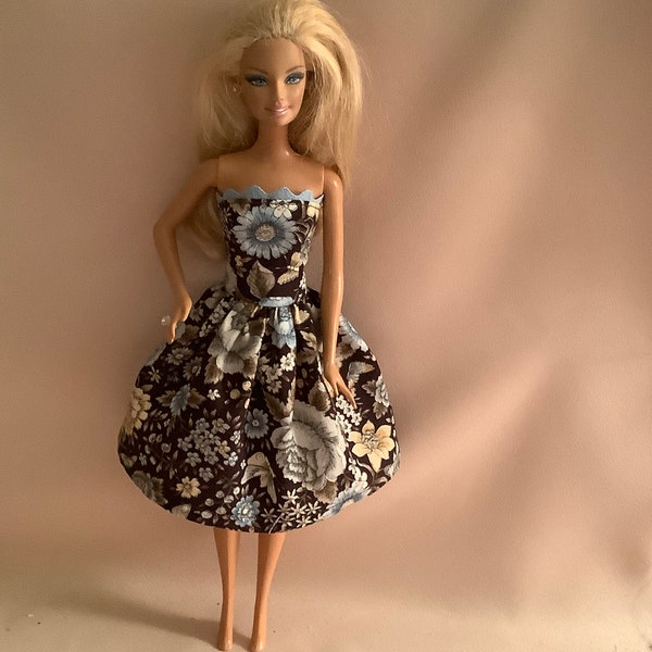 Handmade Fashion Doll Clothes-Brown Floral with Blue Flowers Cotton Print Dress for 11.5” Fashion Doll