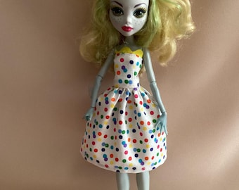 Handmade Monster Doll Dress: White Cotton with Multicolored Dots