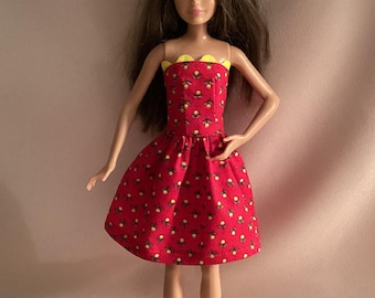 Handmade Fashion Doll Clothes-Red with Yellow Flowers Cotton Print Dress for 10.5” Doll