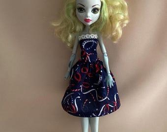 Monster Doll Dress: Navy Cotton with Lace - 4th of July