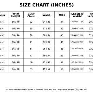 May include: A size chart in inches, with columns for size, gender, total height, bust/chest, waist, hips, shoulder width, arm length, and inseam. Measurements are provided for sizes XS to 4XL, with both women's and men's measurements.