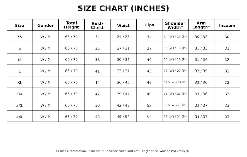 May include: A size chart in inches, with columns for size, gender, total height, bust/chest, waist, hips, shoulder width, arm length, and inseam. Measurements are provided for sizes XS to 4XL, with both women's and men's measurements.