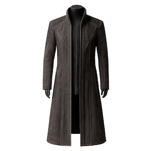 May include: A long, dark brown coat with a high collar and a tailored fit. The coat features vertical seams and textured details on the shoulders. The coat is displayed on a mannequin with black gloves.
