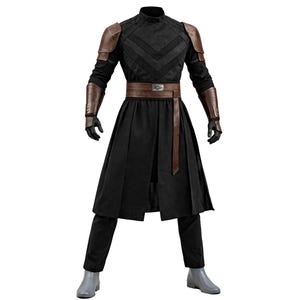 Premium black canvas cotton fabric

Genuine brown leather shoulder armor

Matching leather waist belt

Detailed forearm leather bracers

Elegant long warrior robe design

Tailored slim fit black pants

Strong visible panel stitch detailing

Comfortable inner structure for long wear

High cosplay screen-inspired accuracy

Handmade with durable craftsmanship