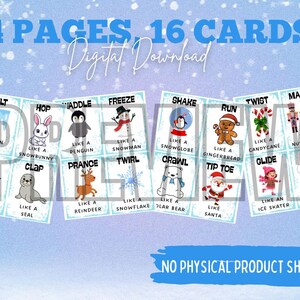 May include: Digital download of 16 winter-themed cards across 4 pages. Each card features a winter-related word and a corresponding illustration, such as a snowman, gingerbread man, and cardinal. The text "No physical product shipped" is also included.