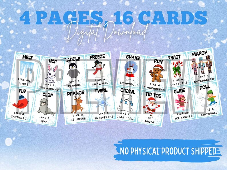 May include: Digital download of 16 winter-themed cards across 4 pages. Each card features a winter-related word and a corresponding illustration, such as a snowman, gingerbread man, and cardinal. The text "No physical product shipped" is also included.