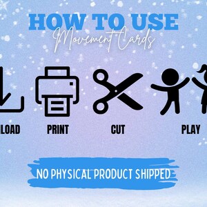 May include: A digital product graphic with instructions on how to use movement cards. The steps are download, print, cut, and play, illustrated with icons. The text "How to Use Movement Cards" is at the top, and "No Physical Product Shipped" is at the bottom.