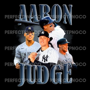 May include: A black graphic featuring the name "AARON JUDGE" in a 3D font, with images of the baseball player in various poses, wearing a New York Yankees uniform and cap. The background is black.