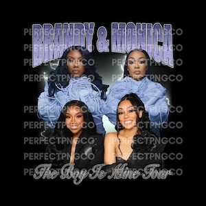 Pode incluir: Gráfico com quatro mulheres e o texto "Brandy & Monica" em fonte roxa clara. Abaixo, as palavras "The Boy Is Mine Tour" estão escritas em itálico. O fundo é preto.