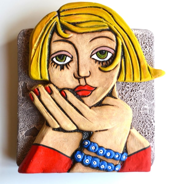Handmade Woman Figure Wall Art - 3D Textured Ceramic Sculpture Wall Decor