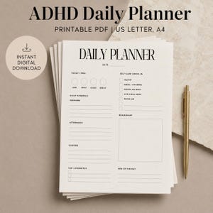 Puede incluir: Una plantilla de planificador diario en papel blanco con texto negro que incluye secciones para fecha, seguimiento de estado de ánimo, horario, autocuidado, notas, prioridades y logros. Etiquetado como ADHD Daily Planner.
