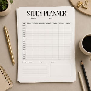 May include: A white study planner sheet with black text and grid lines. The header reads STUDY PLANNER with fields for semester and week. A vertical schedule lists times from 07:00 to 22:00 across seven days, with sections for exams, deadlines, and notes.
