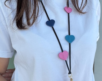 Set CORDINO laccetto cinghia per cellulare Cuore, Vera pelle, collana e braccialetto con 2 patch, phone strap, prodotti in Italia