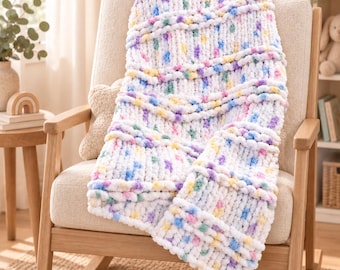 Hand Knit Chenille Chunky Blanket, Variegated Colors, Plush Farmhouse Throw