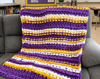 Hand Knit Purple Gold Chunky Blanket Throw – Cozy School Spirit Decor