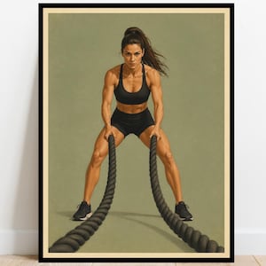 May include: A framed poster featuring a person with a ponytail wearing a black sports bra and black shorts, performing a battle rope exercise. The person is holding two thick black ropes, standing in a wide stance against a muted olive background.