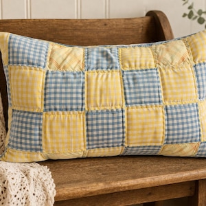 Vintage Quilt Lumbar Pillow Cover, Patchwork Cushion, Cottagecore Farmhouse Decor, Blue Yellow Pillow, Choose Back Style