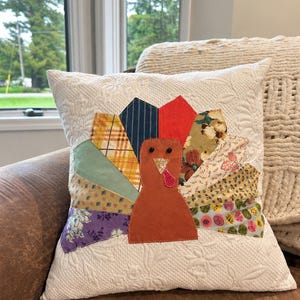 Thanksgiving Cushion Cover, Rust Turkey Applique, Vintage Feedsack Patchwork, 18x18