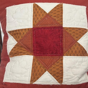 May include: A square throw pillow featuring a central star quilt block pattern. The star is composed of deep red fabric in the center, surrounded by orange fan-patterned fabric and white fabric squares with stitched leaf motifs on a red background.