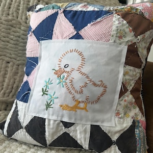 Vintage Hand Embroidered Chick Quilt Pillow Cover | Cutter Quilt Patchwork | Cottagecore Farmhouse Spring Decor | Handmade Easter Gift