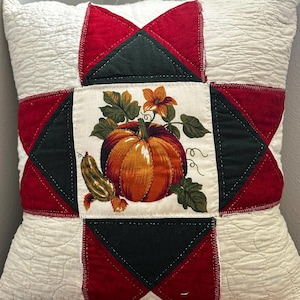 May include: A square throw pillow featuring a central cream-colored panel with a printed pumpkin and squash graphic. The pillow is surrounded by a star-shaped patchwork design in deep red and black fabric, set against a quilted cream background.
