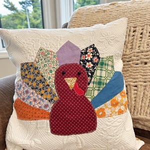 Turkey Pillow Cover, Vintage Dresden Patchwork, Mustard Floral Back, 18x18
