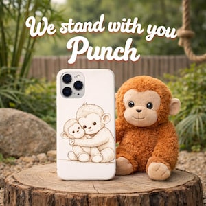 Könnte beinhalten: Eine weiße Handyhülle mit einer Cartoon-Illustration von zwei sich umarmenden Affen, neben einem Plüsch-Affen-Spielzeug. Die Hülle liegt auf einem Baumstumpf mit dem Text "We stand with you Punch" in einer verspielten Schriftart.