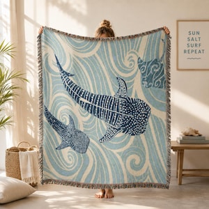 Whale Shark Woven Blanket | Ocean Waves Throw | Coastal Throw Blanket | Ocean Decor | Beach House Blanket | Nautical Home Accent
