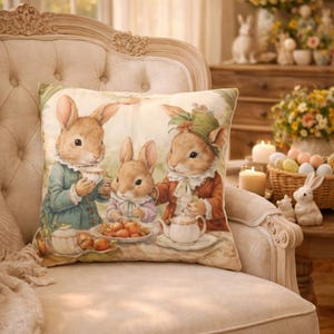 Taie d'oreiller vintage Tea Party Bunnies, cadeau d'hôtesse de Pâques, taie d'oreiller de Pâques, cadeau déco de printemps, décoration d'intérieur de Pâques, taie de printemps confortable