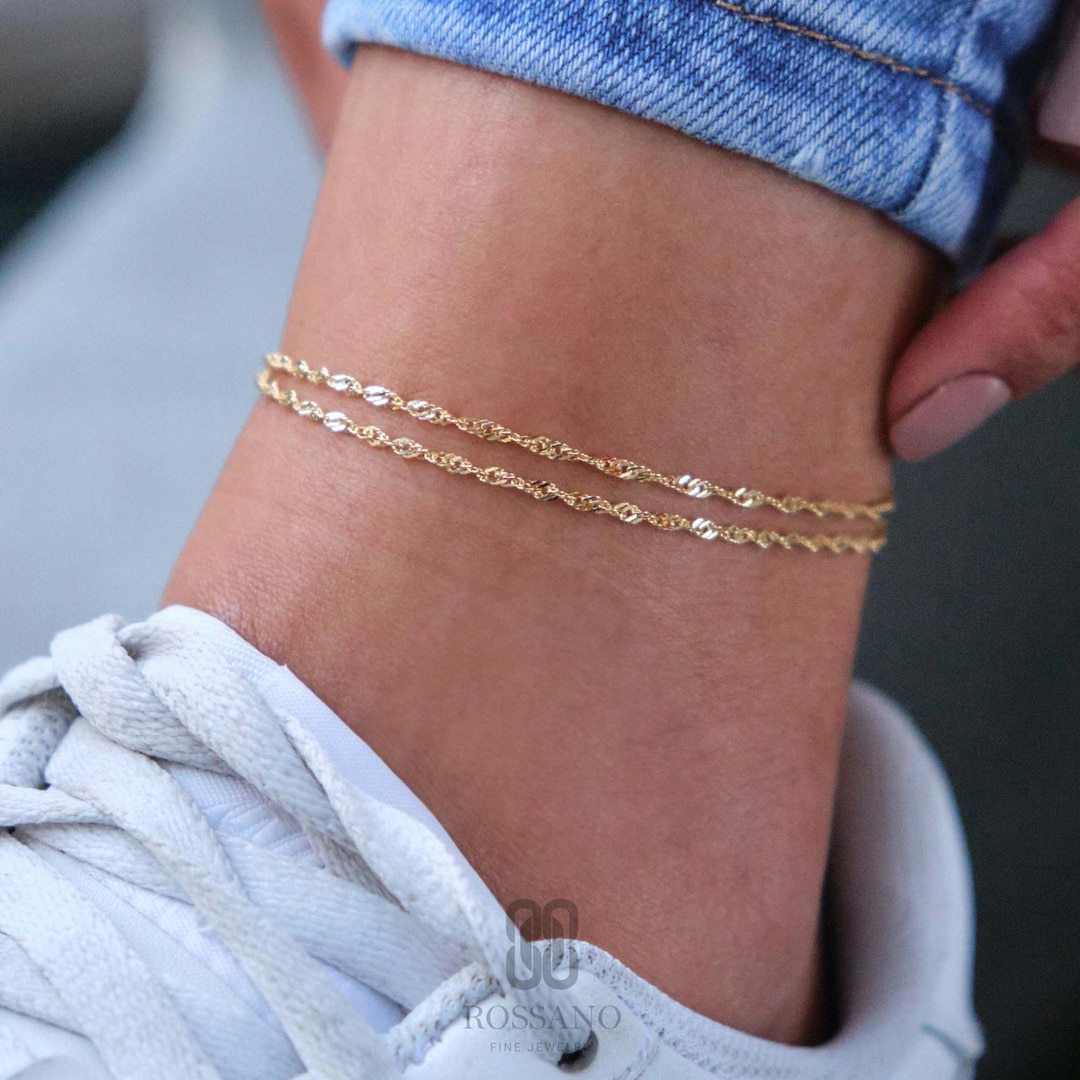 14K Gold Singapore Anklet, Twisted Diamond Cut Gold Chain, Dainty — free download