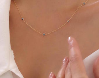 14K Gold Evil Eye Necklace, Dainty Chain Necklace, Protection Jewelry, Minimalist Everyday Necklace, Stackable Gold Necklace, Gift for Her