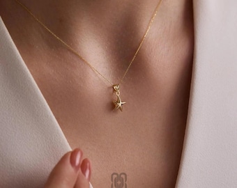 14K Gold Star Necklace, Dainty Gold Star Pendant, Minimalist Chain Necklace, Celestial Jewelry, Stackable Everyday Necklace, Gift for Her