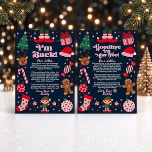 May include: Two dark blue rectangular cards featuring Christmas illustrations including a reindeer, gingerbread man, elf, candy canes, and gifts. The left card reads I'm Back! and the right card reads Goodbye I'll Miss You! with printed text.