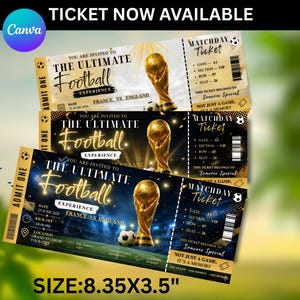Op de afbeelding: Drie voetbalwedstrijdtickets met een gouden trofee en voetbalontwerp. De tickets zijn voor de "Ultimate Football Experience" met de tekst "Frankrijk vs. Engeland". De tickets meten 21,21 x 8,89 cm.